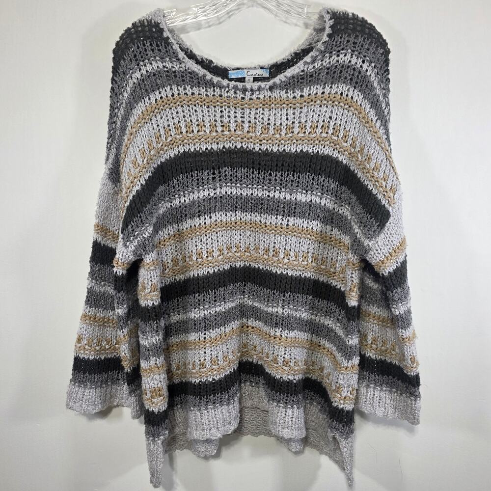 Cecico Womens Striped Neutral Open Knit Pullover Sweater Size Medium